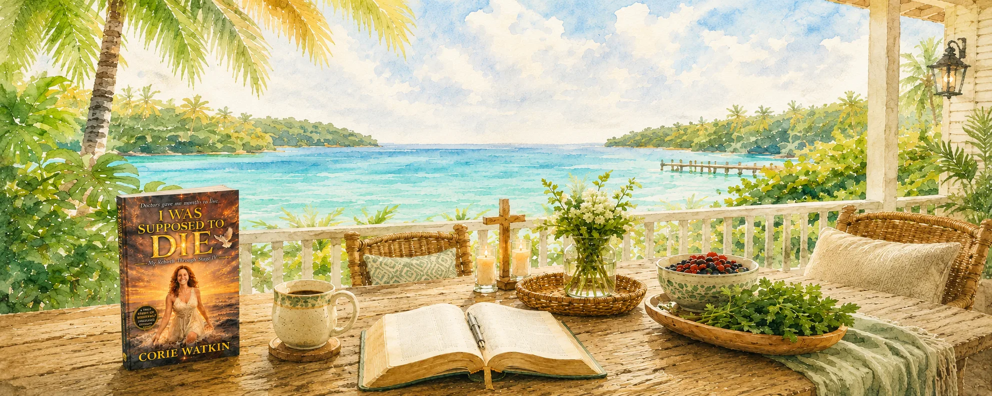 A watercolor veranda table overlooking a turquoise bay, set with Corie's book, an open Bible and pen, coffee, candles, a wooden cross, flowers, berries, and fresh herbs