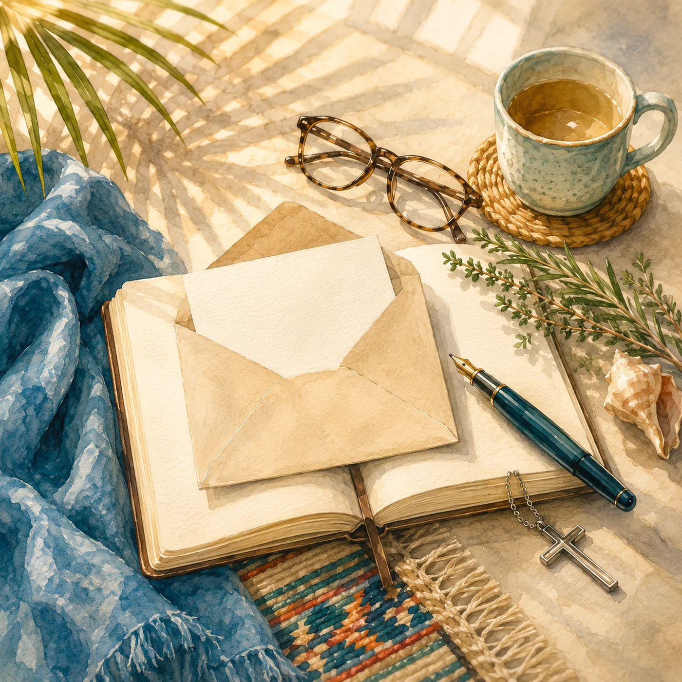 An open journal with an envelope and blank note card, a fountain pen, reading glasses, a silver cross necklace, rosemary, a seashell, and tea in dappled palm light
