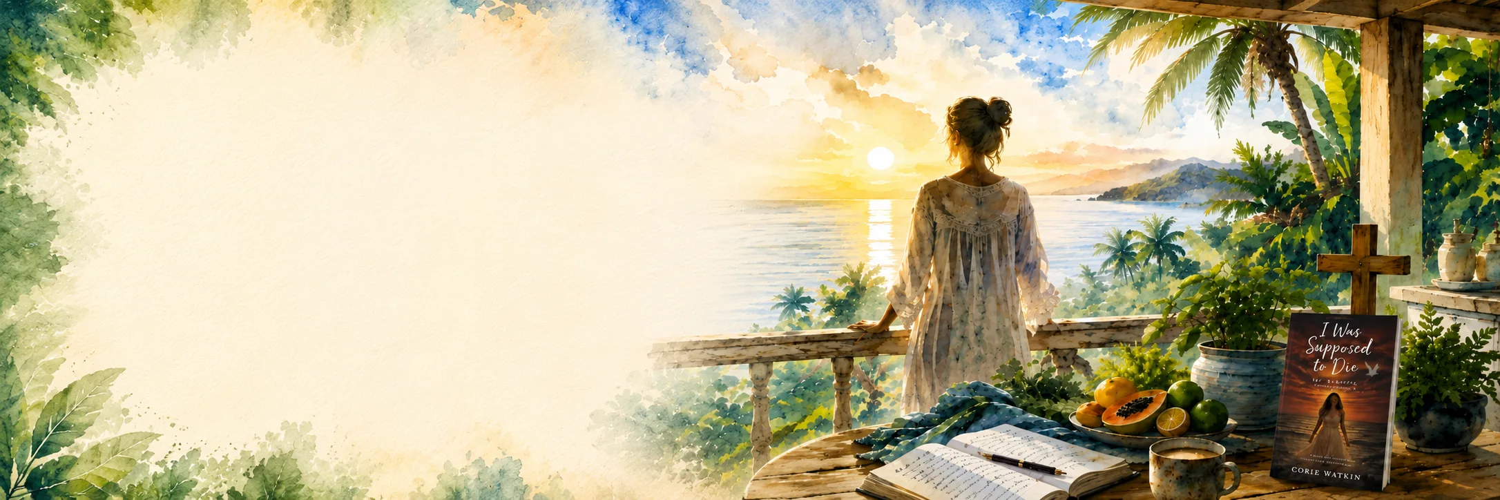 Watercolor of a woman at a veranda railing watching the sun rise over the sea, with a journal, fresh fruit, coffee, a wooden cross, and the book I Was Supposed to Die on the table beside her