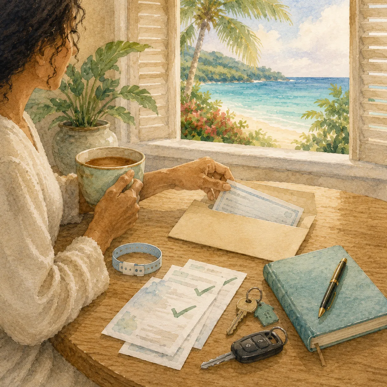 A woman with coffee draws a check from an envelope at a table holding a hospital wristband, checklists, house keys, a car key, and a planner, with a beach visible through the window
