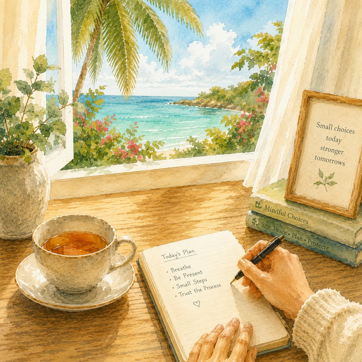 A hand writes a simple daily plan in a journal beside a cup of tea, with a framed reminder that small choices today make stronger tomorrows and an open window onto a turquoise bay