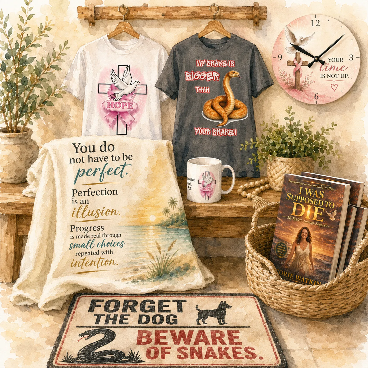 A watercolor shop display with faith and humor tees, a quote blanket, a hope mug, a cross wall clock, and copies of Corie's book in a basket